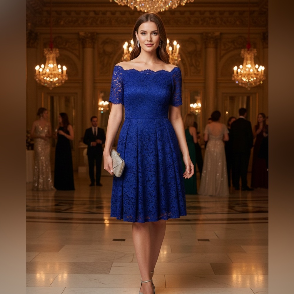 Elegant Blue Lace Off-Shoulder Midi Dress